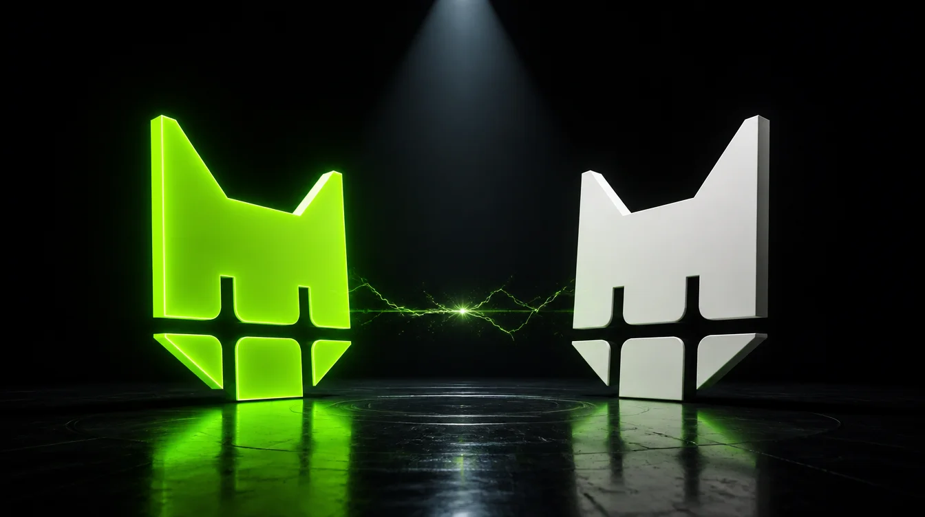 Two cats squaring off in a green-lit arena