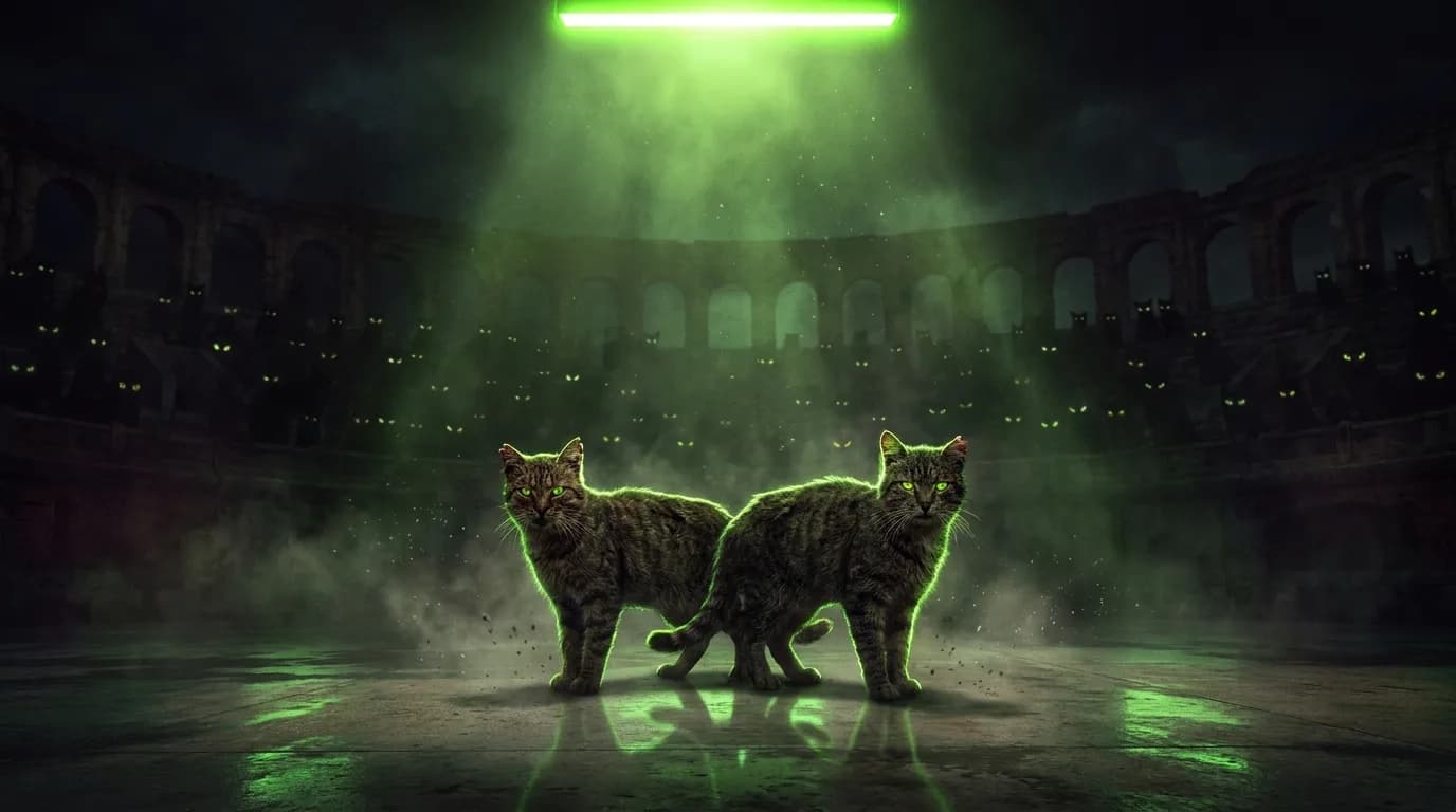 Two cat gladiators in a neon-green colosseum surrounded by glowing-eyed spectators