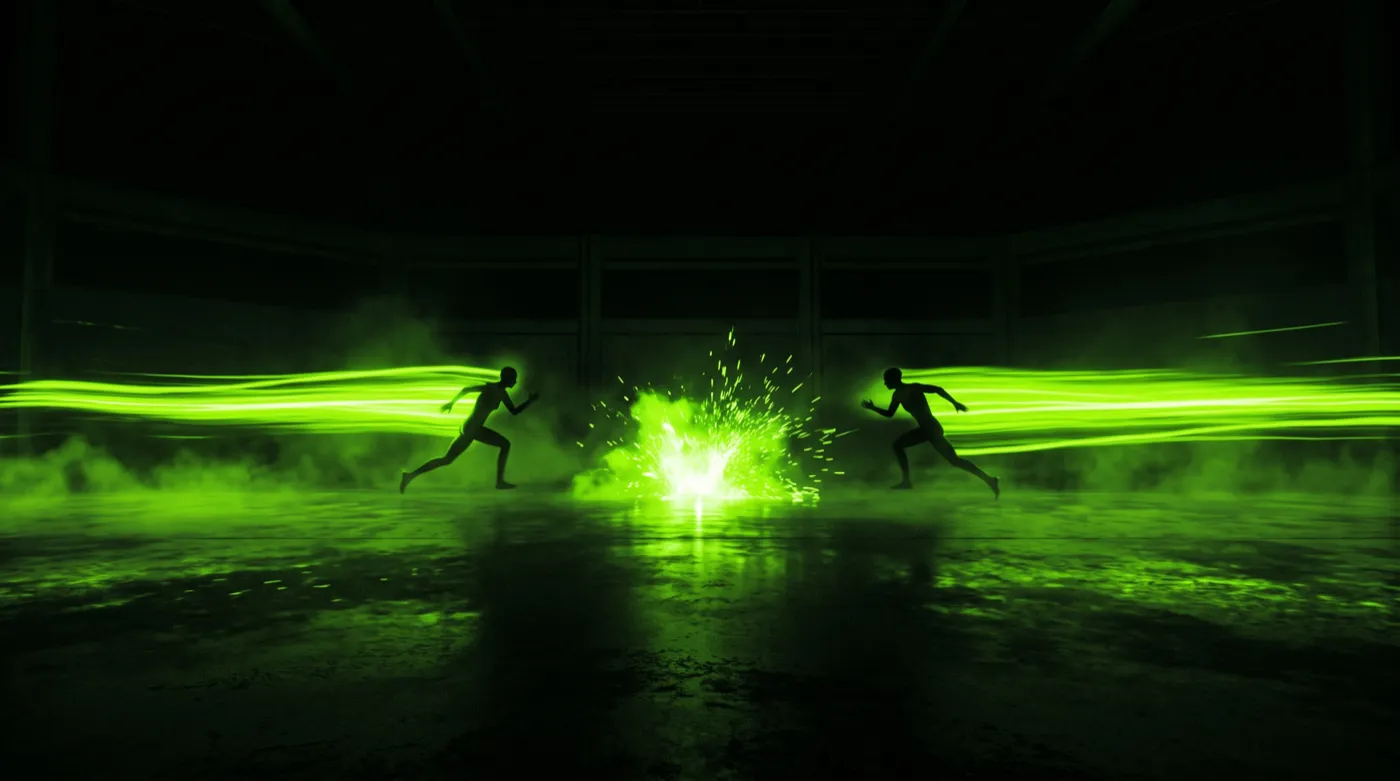Two silhouetted duelists charging at each other with neon green light trails